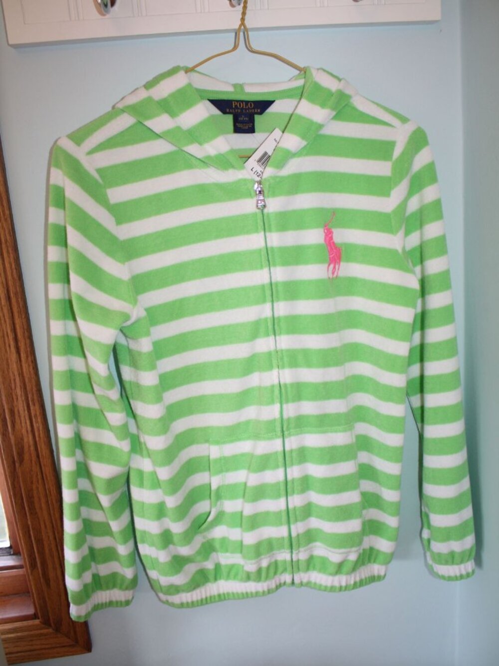 NWT POLO RALPH LAUREN Girls' Size L 12-14 Green Striped Terry Cloth Zip Hoodie